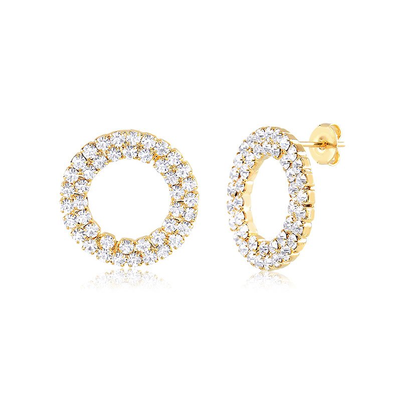 Brinco Redondo de Strass Cristal Folheado a Ouro 18K