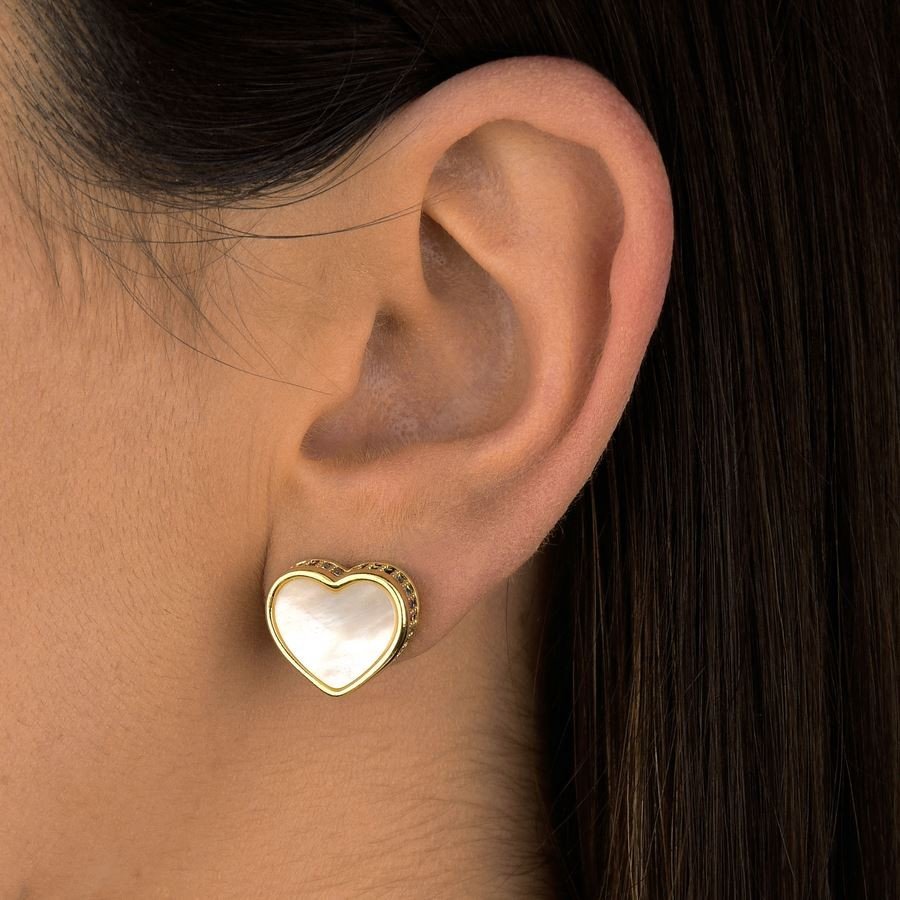 Brinco Coração Cravejado com Madrepérola Banhado a Ouro18K