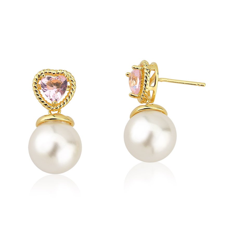 Brinco com cristal rosa e pérola shell banhado ouro18k