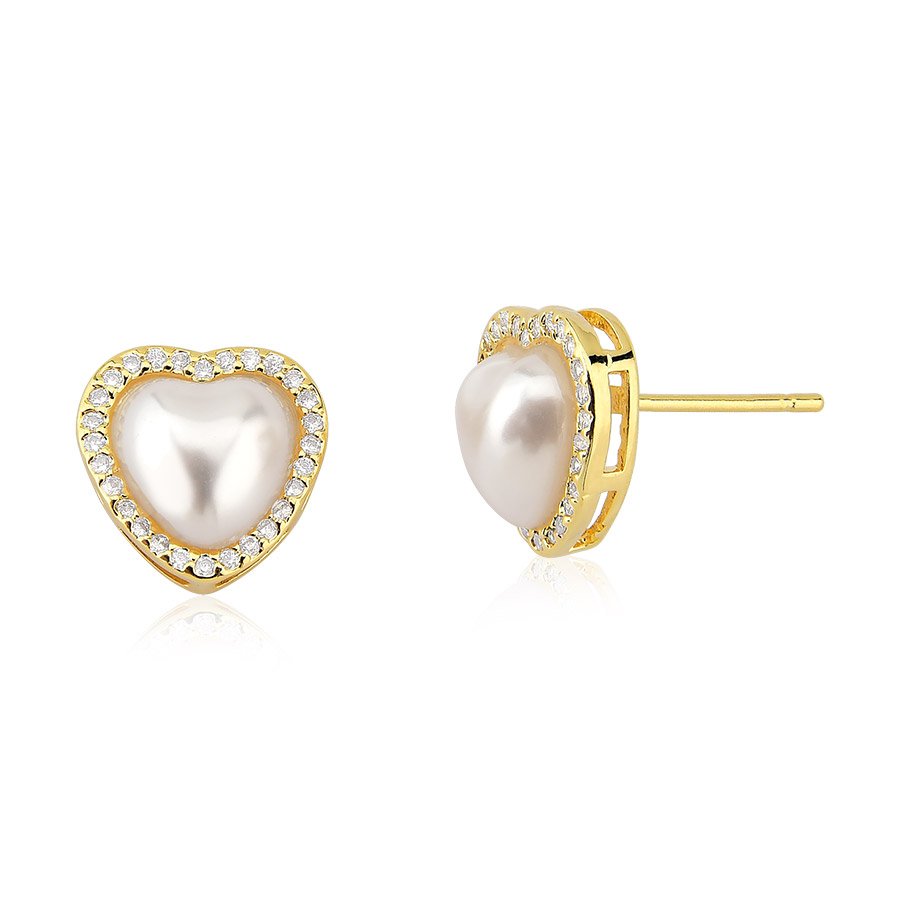 Brinco coração de pérola com zircônia banhado ouro18k