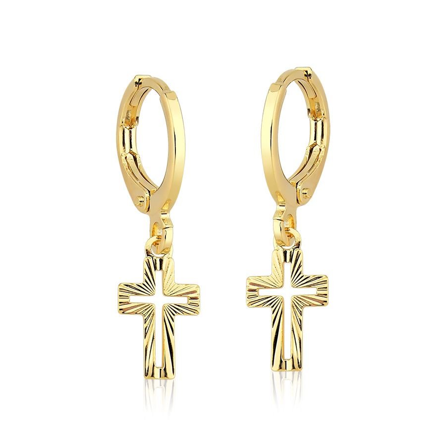 Brinco de argolinha cruz banhado ouro18k