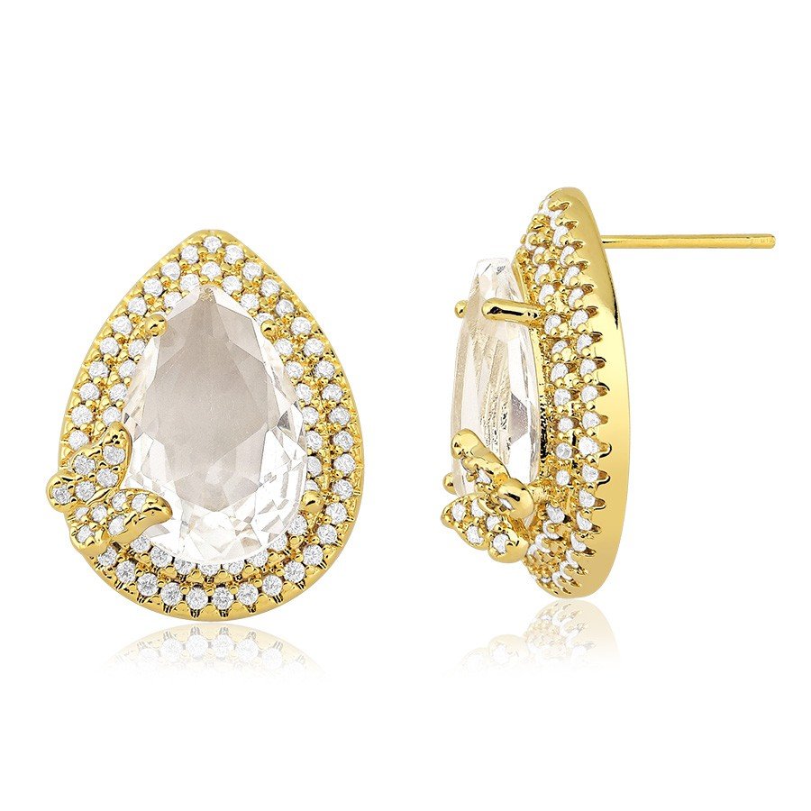Brinco gota com pedra cristal cravejada banhado ouro18k