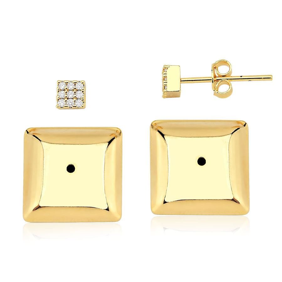 Brinco quadrado liso e zircônia banhado a ouro 18k