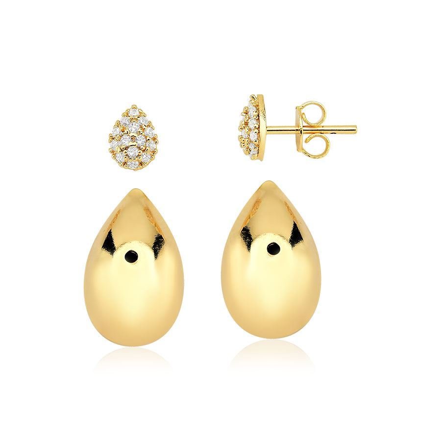 Brinco gota lisa e zircônia banhado a ouro18k
