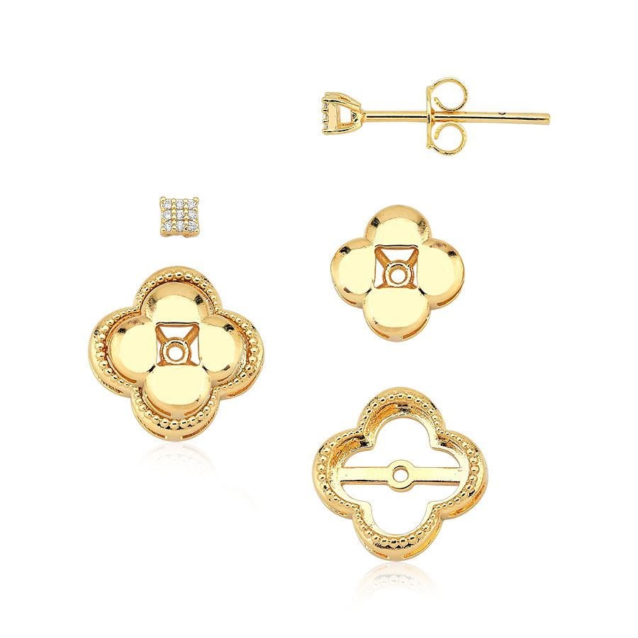 Brinco trevo liso e zircônia banhado a ouro18k