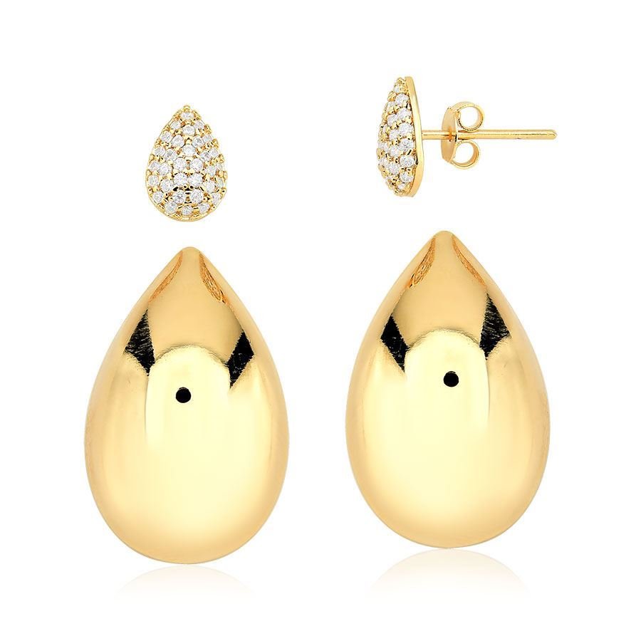 Brinco gota lisa com detalhe em zircônia banhado a ouro18k
