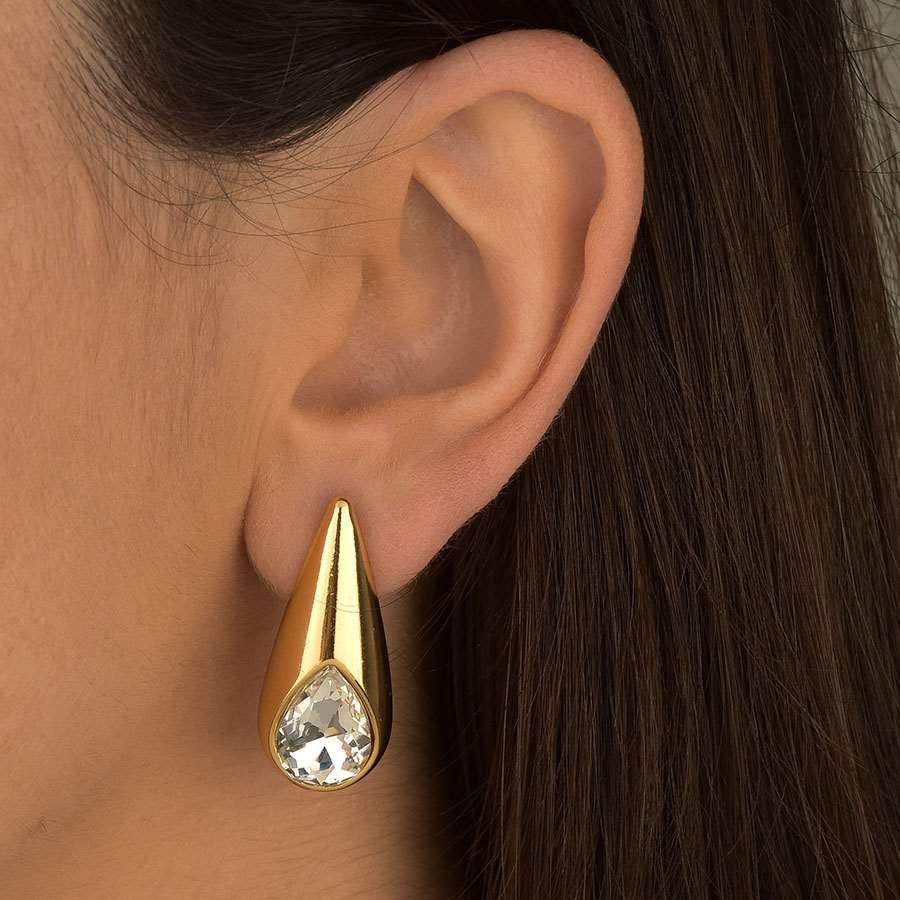 Brinco gota com pedra cristal dourado