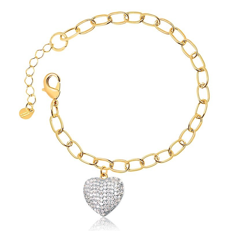 Pulseira coração de zircônia banhado a ouro18k