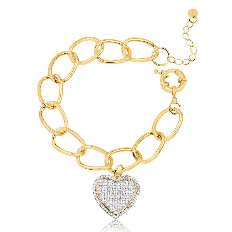 Pulseira de elos com coração de zircônia banhado a ouro18k
