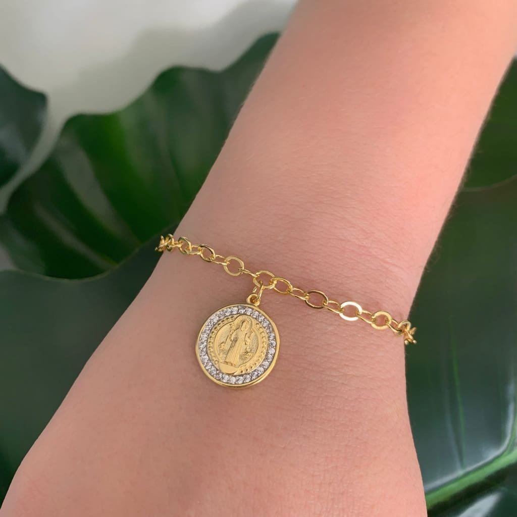 Pulseira com Medalha São Bento Folheada a Ouro 18K