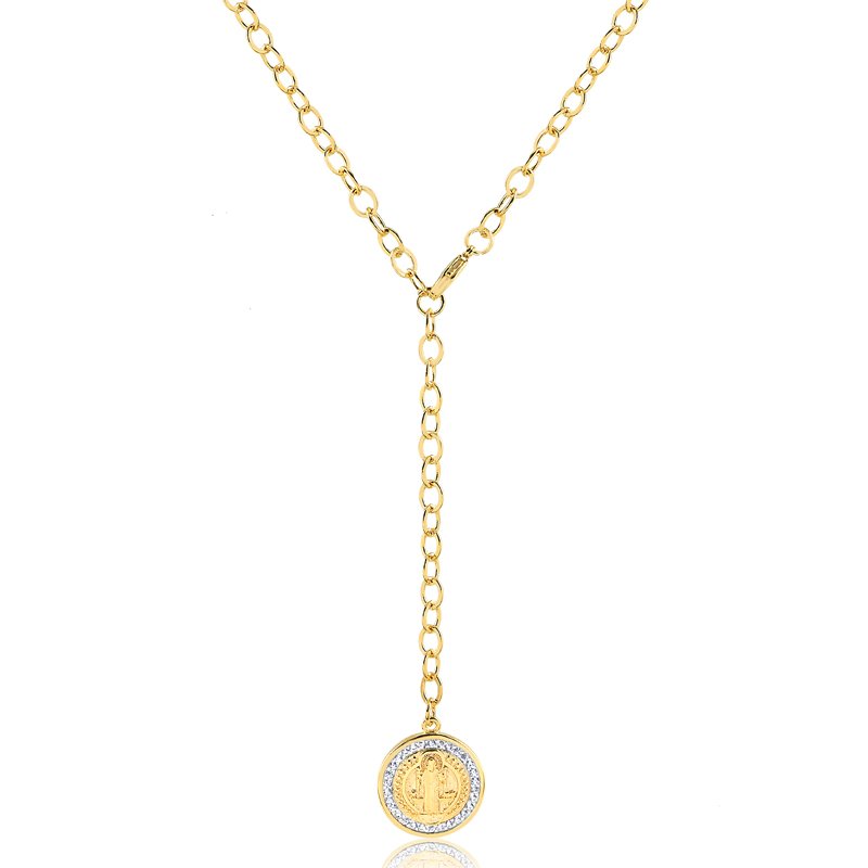 Colar Gravata com Medalha São Bento banhado a Ouro 18K