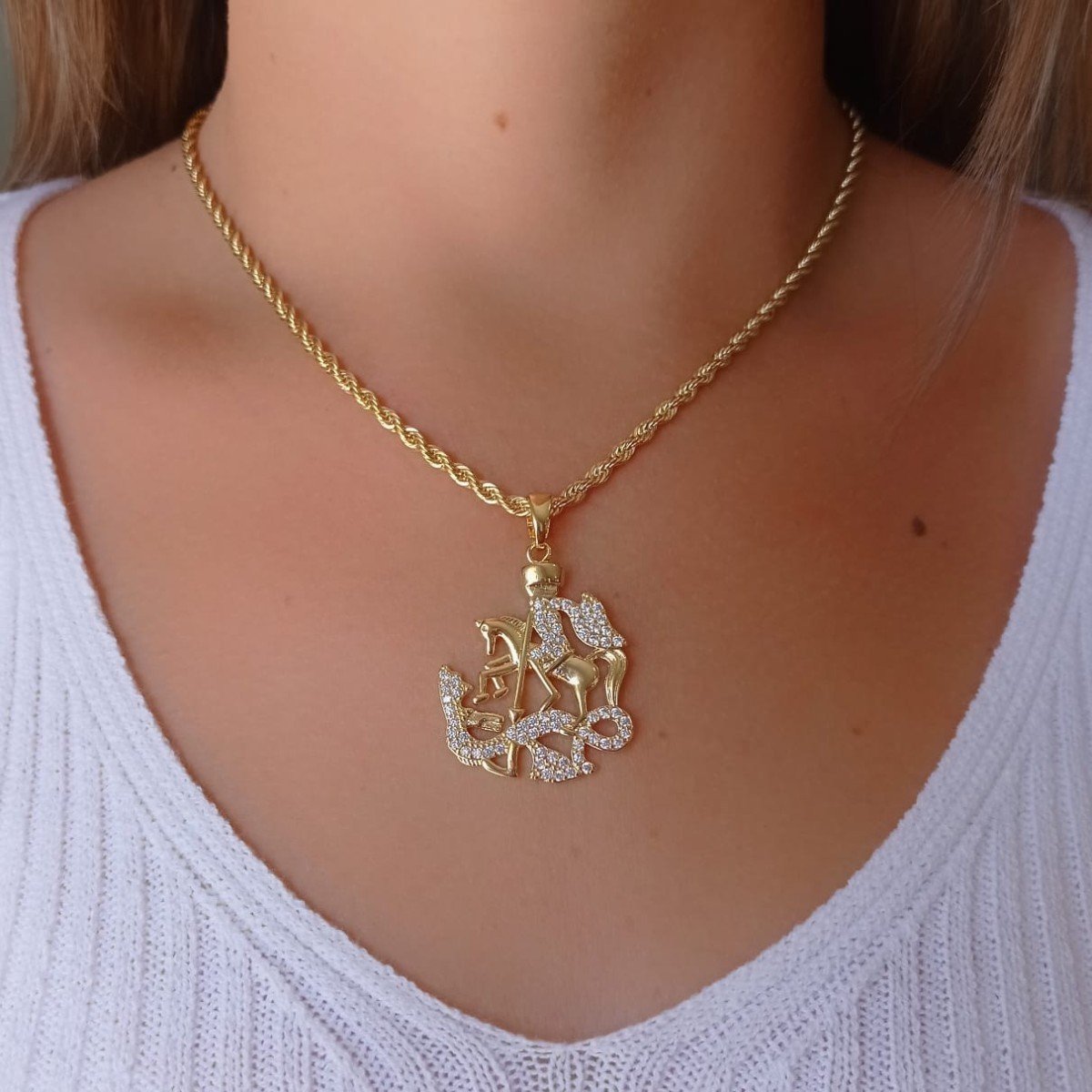 Cordão Baiano com Pingente São Jorge banhado a Ouro 18K