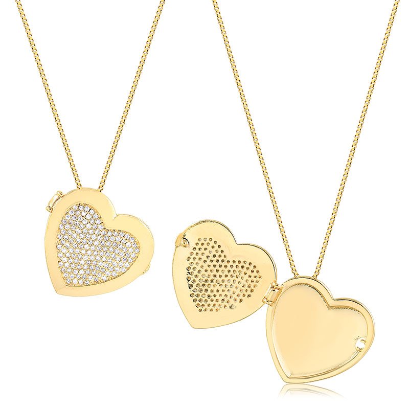 Gargantilha com Coração Relicário de Zir. Folh a Ouro18K