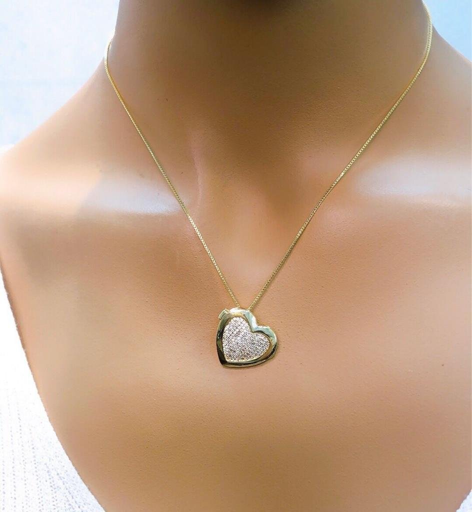 Gargantilha com Coração Relicário de Zir. Folh a Ouro18K