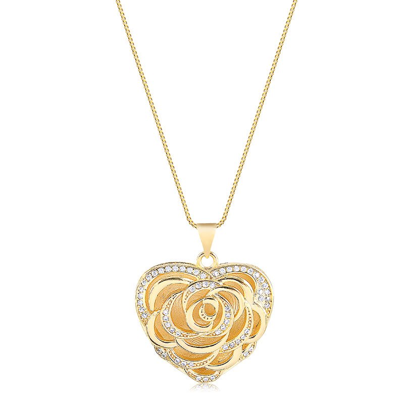 Gargantilha Coração Rosas Folheada a Ouro 18K