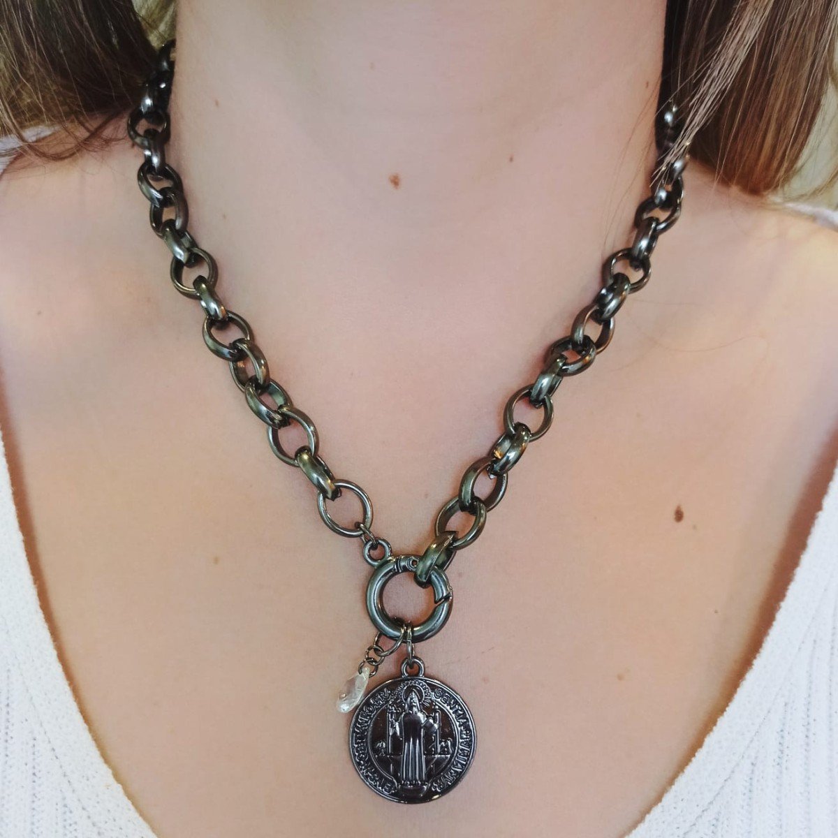Colar de Elos com Medalha São Bento - Grafite