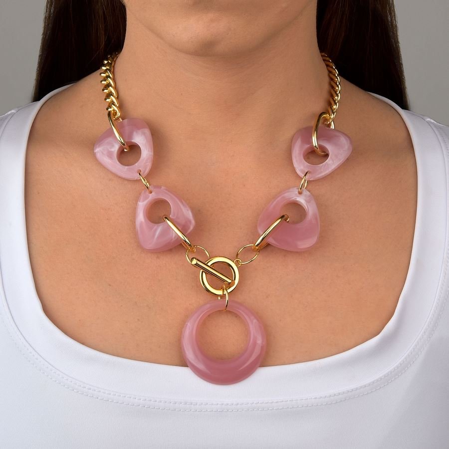Colar Artesanal com Resinas em Rosa - Dourado