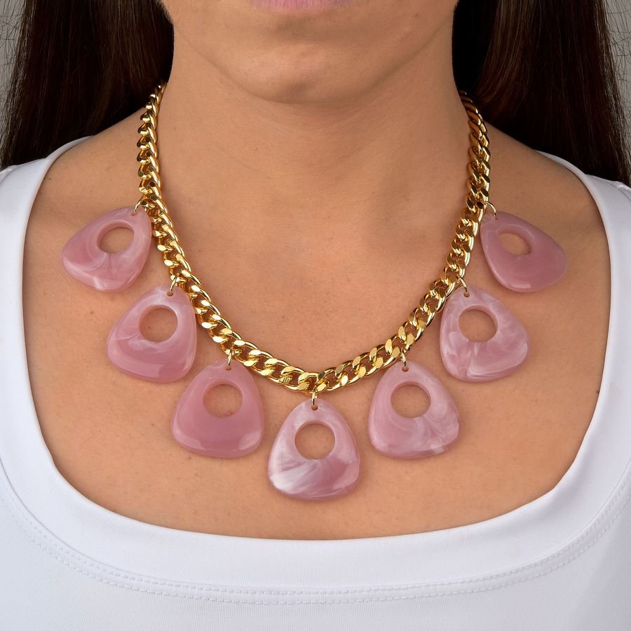 Colar Artesanal com Resinas Mescla Rosa - Dourado 