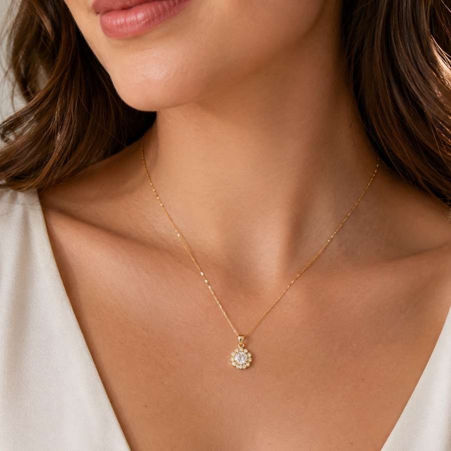 Gargantilha veneziana com pingente flor de zircônia banhado 