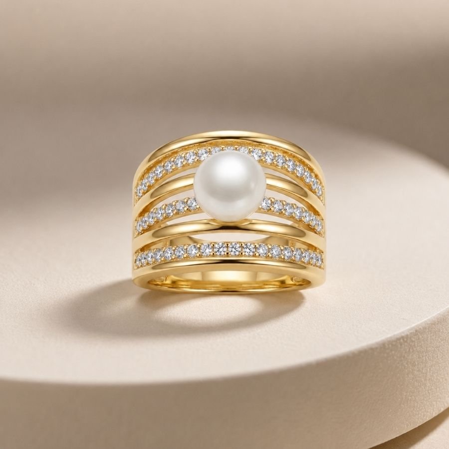 Anel de pérola cravejado banhado a ouro18k
