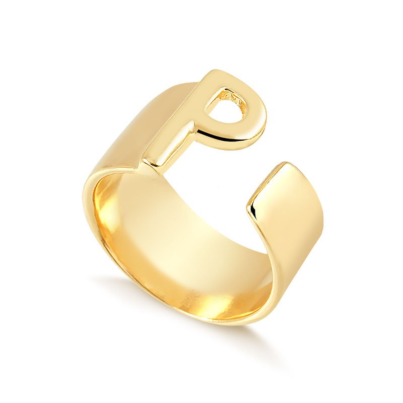 Anel de Letra P Regulável Folheado a Ouro 18K