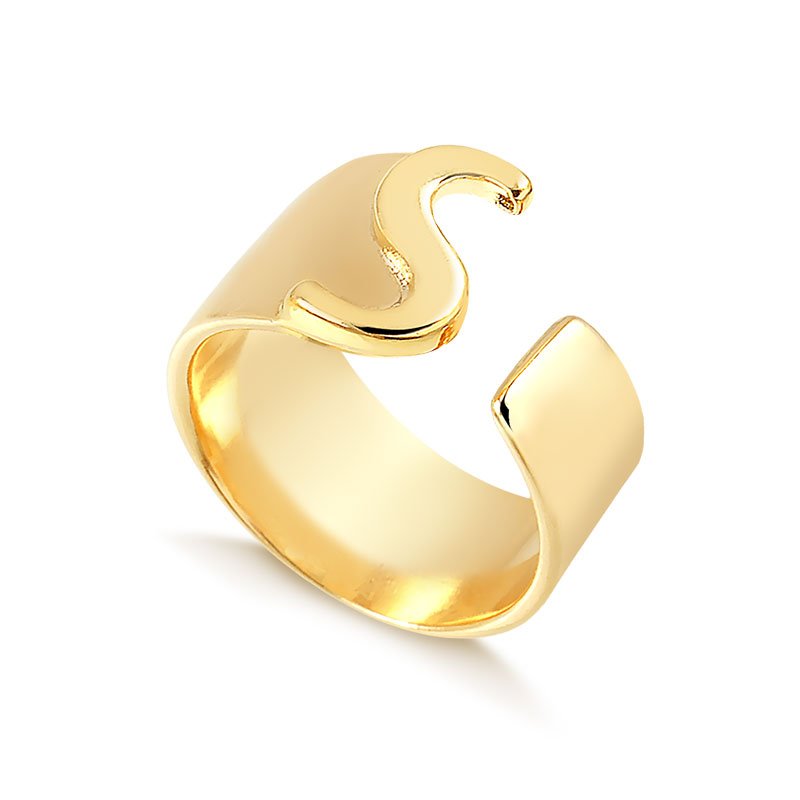 Anel de Letra S Regulável Folheado a Ouro 18K