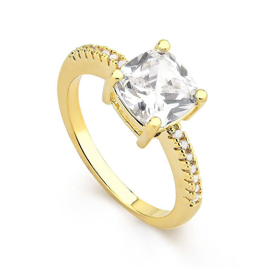 Anel solitário quadrado de zircônia banhado ouro18k