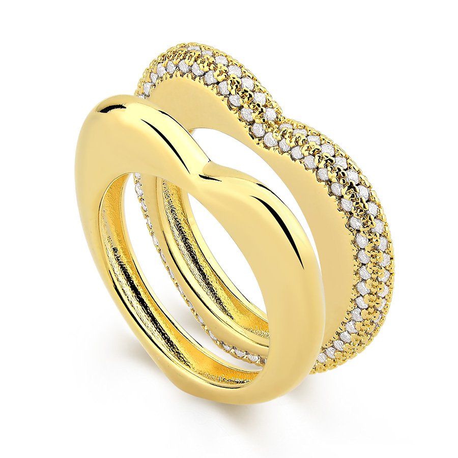Anel duplo liso e zircônia banhado ouro18k