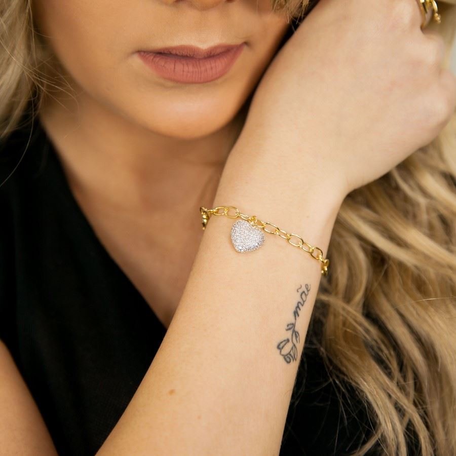 Pulseira coração de zircônia banhado a ouro18k