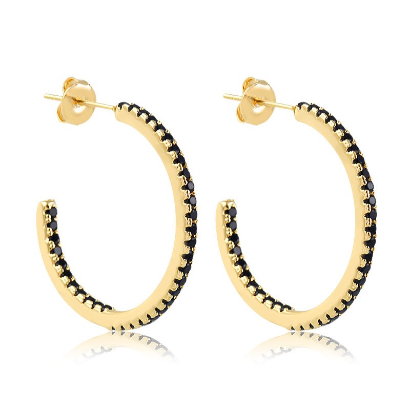 Argola de Zircônia Preta Folheado a Ouro 18K