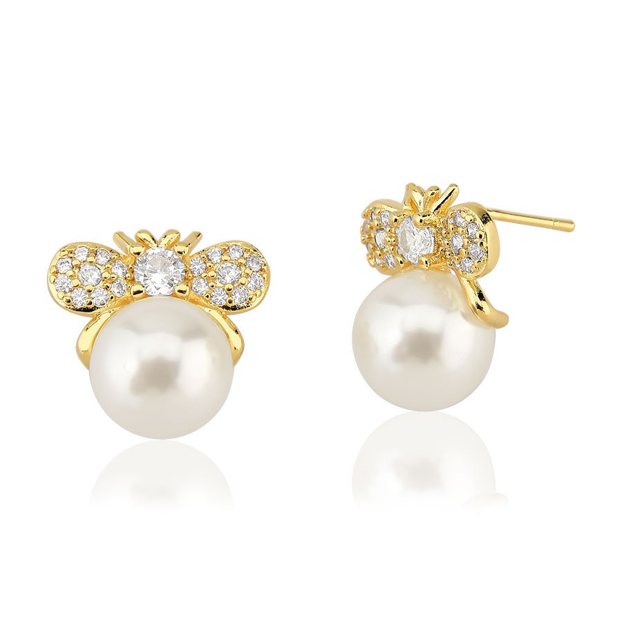 Brinco Inseto de Zircônia e Pérolas Banhado a Ouro18K