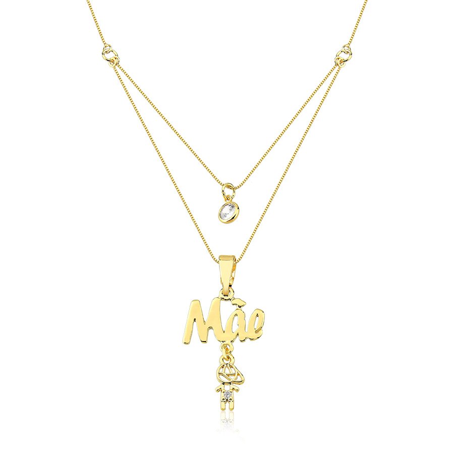 Gargantilha dupla mãe e menino banhado ouro18k